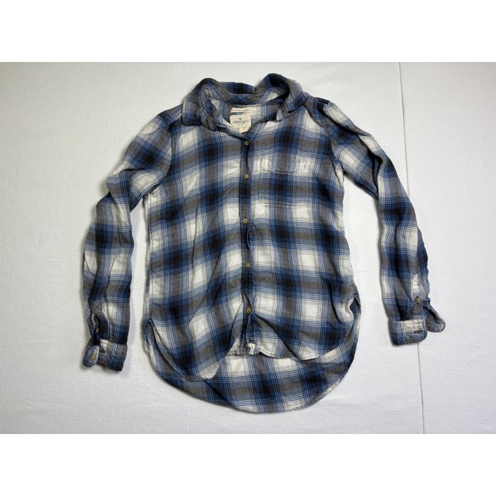 American Eagle Outfitters Blue Plaid Boyfriend Fit Flannel Shirt Mens XS Viscose